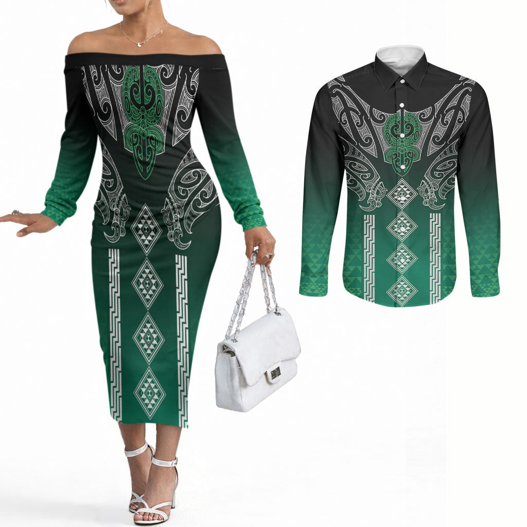 Aotearoa Maori Iwi Heritage Couples Matching Off The Shoulder Long Sleeve Dress and Long Sleeve Button Shirt Ngai Tahu Pounamu Green LT7 Jade Green - Polynesian Pride