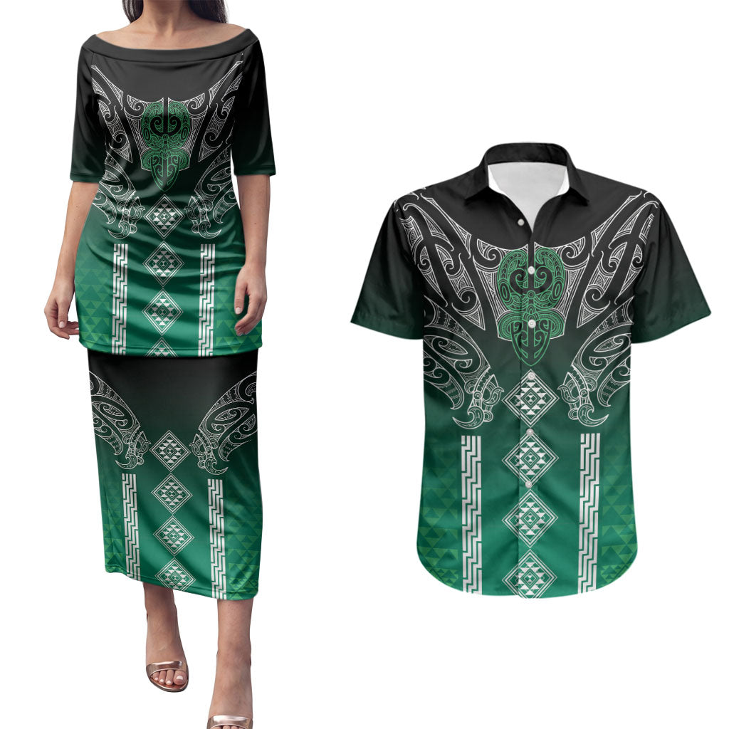 Aotearoa Maori Iwi Heritage Couples Matching Puletasi and Hawaiian Shirt Ngai Tahu Pounamu Green LT7 Jade Green - Polynesian Pride