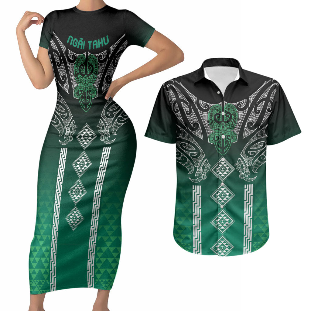 Aotearoa Maori Iwi Heritage Couples Matching Short Sleeve Bodycon Dress and Hawaiian Shirt Ngai Tahu Pounamu Green LT7 Jade Green - Polynesian Pride