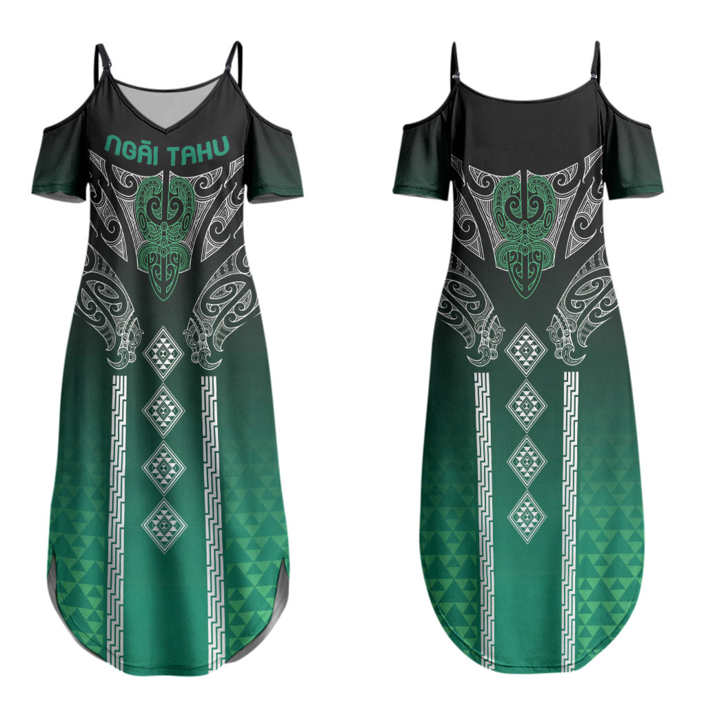 Aotearoa Maori Iwi Heritage Couples Matching Summer Maxi Dress and Long Sleeve Button Shirt Ngai Tahu Pounamu Green LT7 - Polynesian Pride