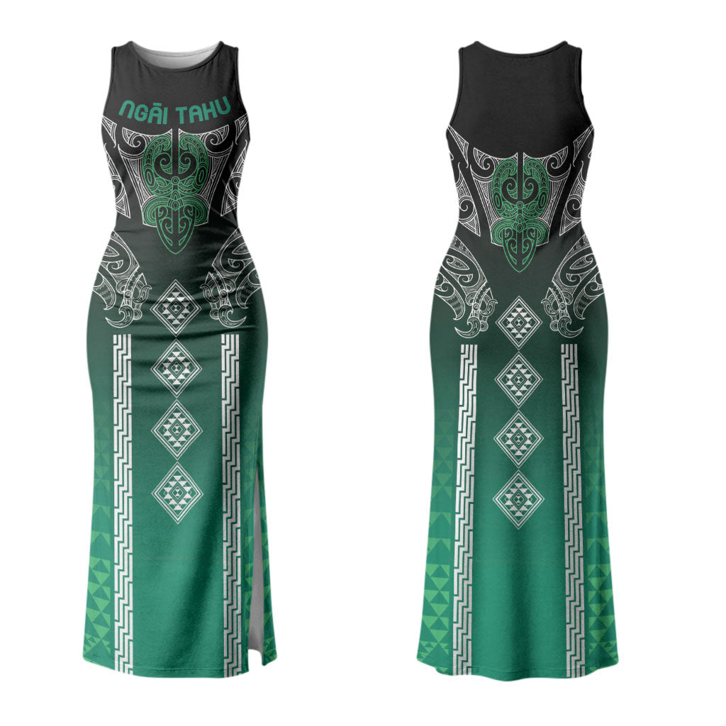 Aotearoa Maori Iwi Heritage Couples Matching Tank Maxi Dress and Long Sleeve Button Shirt Ngai Tahu Pounamu Green LT7 - Polynesian Pride