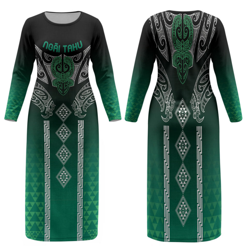 Aotearoa Maori Iwi Heritage Family Matching Long Sleeve Bodycon Dress and Hawaiian Shirt Ngai Tahu Pounamu Green LT7 Mom's Dress Jade Green - Polynesian Pride