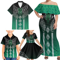 Aotearoa Maori Iwi Heritage Family Matching Off Shoulder Maxi Dress and Hawaiian Shirt Ngai Tahu Pounamu Green LT7 - Polynesian Pride