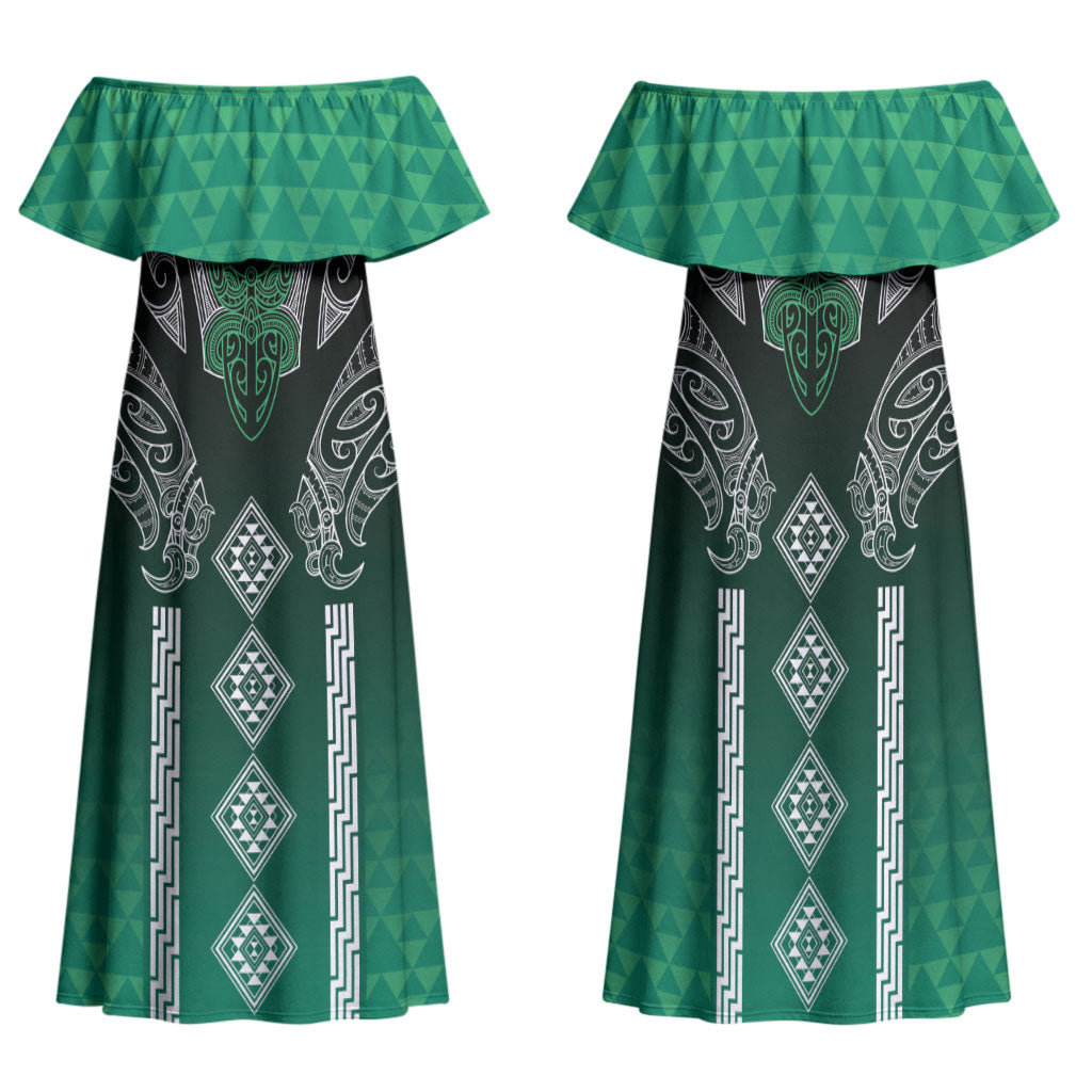 Aotearoa Maori Iwi Heritage Family Matching Off Shoulder Maxi Dress and Hawaiian Shirt Ngai Tahu Pounamu Green LT7 Mom's Dress Jade Green - Polynesian Pride