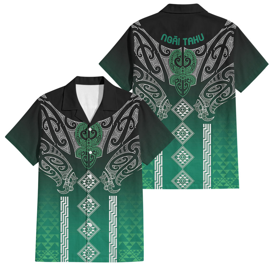 Aotearoa Maori Iwi Heritage Family Matching Off Shoulder Maxi Dress and Hawaiian Shirt Ngai Tahu Pounamu Green LT7 Dad's Shirt - Short Sleeve Jade Green - Polynesian Pride