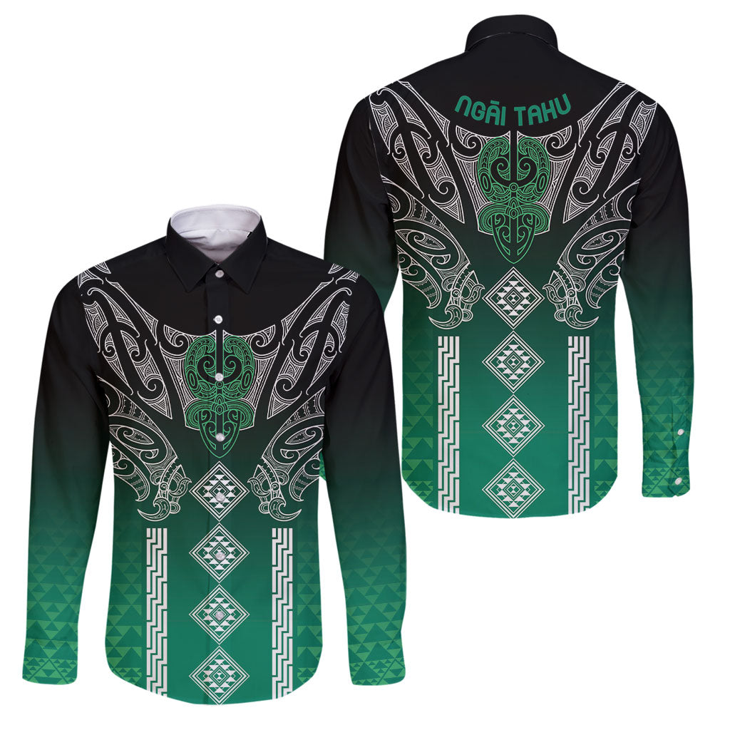Aotearoa Maori Iwi Heritage Family Matching Off Shoulder Maxi Dress and Hawaiian Shirt Ngai Tahu Pounamu Green LT7 Dad's Shirt - Long Sleeve Jade Green - Polynesian Pride