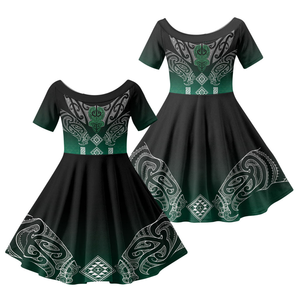 Aotearoa Maori Iwi Heritage Family Matching Off Shoulder Maxi Dress and Hawaiian Shirt Ngai Tahu Pounamu Green LT7 Daughter's Dress Jade Green - Polynesian Pride