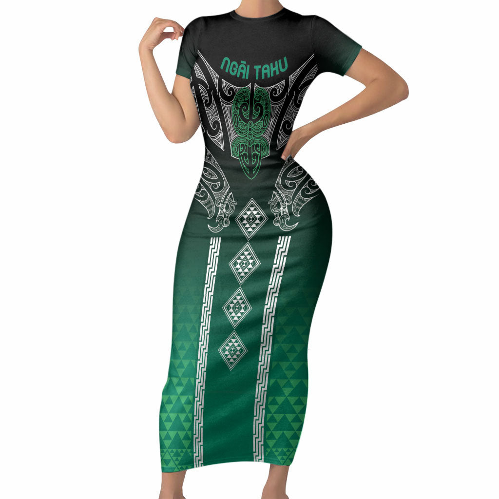 Aotearoa Maori Iwi Heritage Short Sleeve Bodycon Dress Ngai Tahu Pounamu Green LT7 Long Dress Jade Green - Polynesian Pride