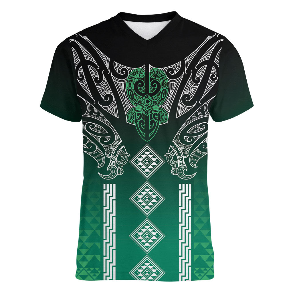 Aotearoa Maori Iwi Heritage Women V-Neck T-Shirt Ngai Tahu Pounamu Green LT7 Female Jade Green - Polynesian Pride