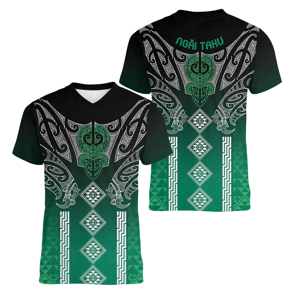 Aotearoa Maori Iwi Heritage Women V-Neck T-Shirt Ngai Tahu Pounamu Green LT7 - Polynesian Pride