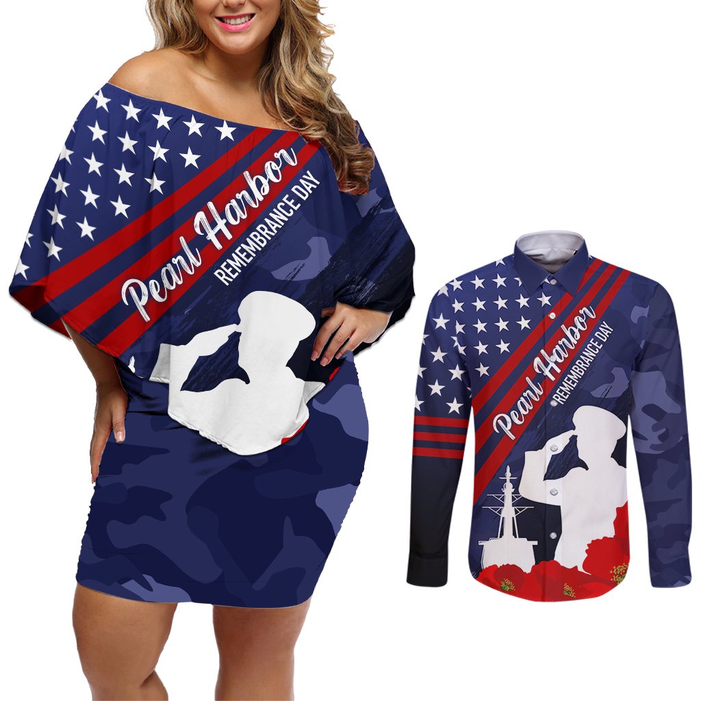 Pearl Harbor Remembrance Day Couples Matching Off Shoulder Short Dress and Long Sleeve Button Shirt Poppy Mix Style LT7 Navy Blue - Polynesian Pride