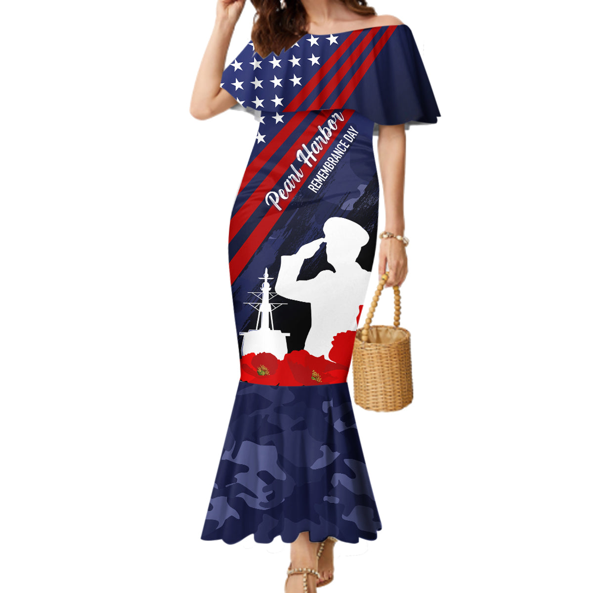 Pearl Harbor Remembrance Day Family Matching Mermaid Dress and Hawaiian Shirt Poppy Mix Style LT7 Mom's Dress Navy Blue - Polynesian Pride
