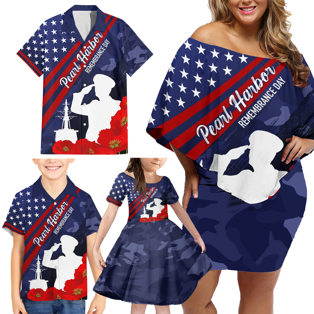 Pearl Harbor Remembrance Day Family Matching Off Shoulder Short Dress and Hawaiian Shirt Poppy Mix Style LT7 - Polynesian Pride