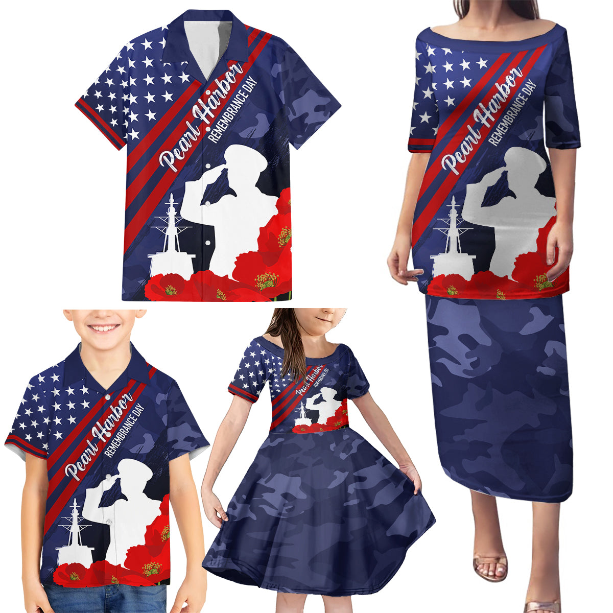 Pearl Harbor Remembrance Day Family Matching Puletasi Dress and Hawaiian Shirt Poppy Mix Style LT7 - Polynesian Pride