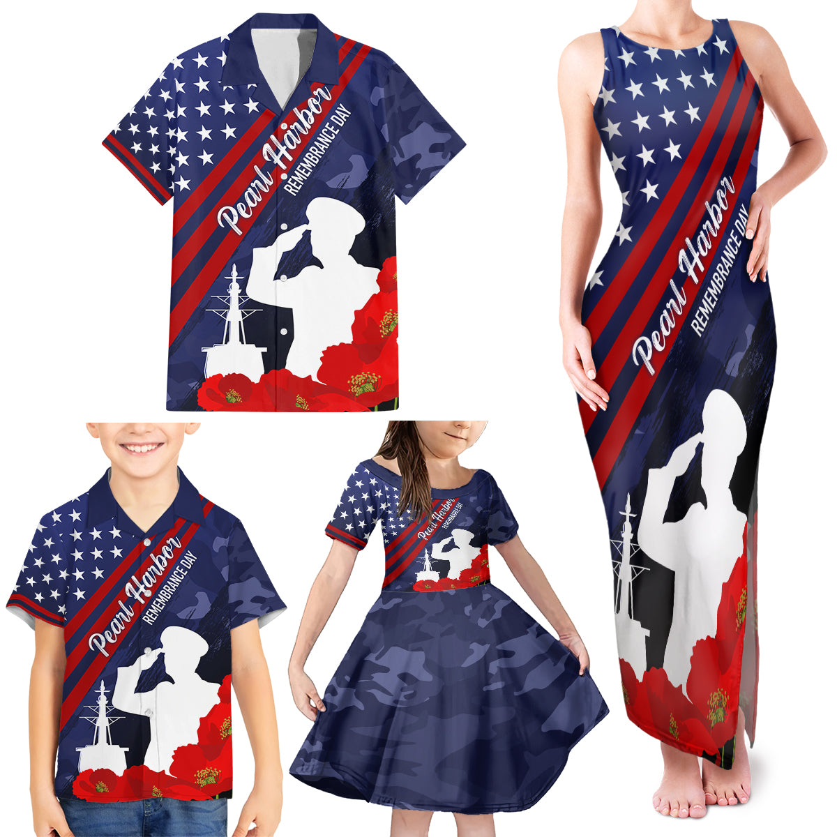 Pearl Harbor Remembrance Day Family Matching Tank Maxi Dress and Hawaiian Shirt Poppy Mix Style LT7 - Polynesian Pride