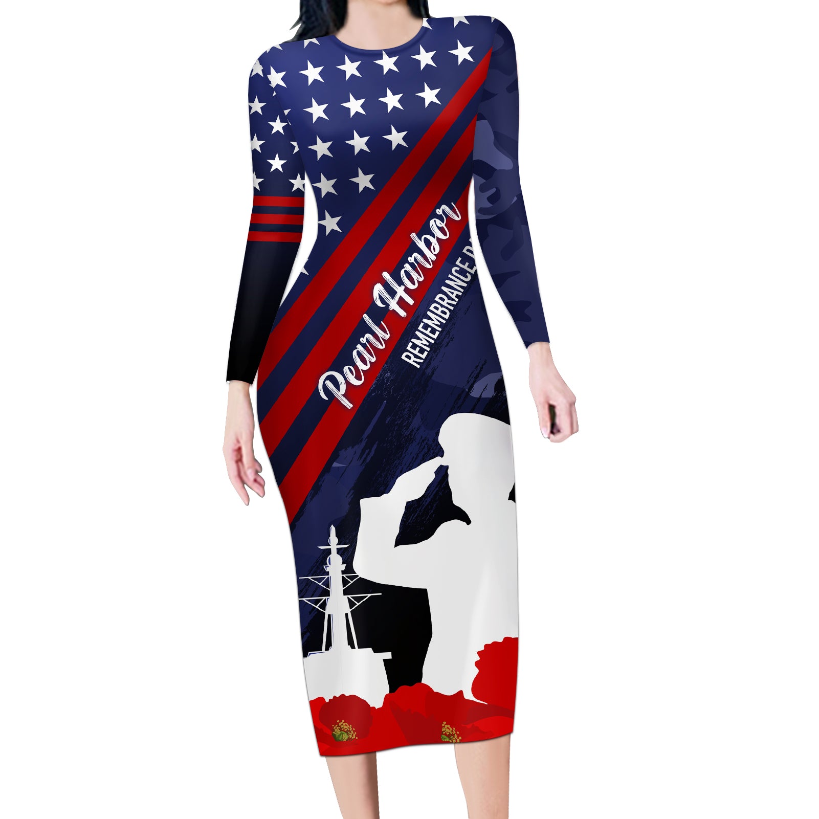 Pearl Harbor Remembrance Day Long Sleeve Bodycon Dress Poppy Mix Style LT7 Long Dress Navy Blue - Polynesian Pride