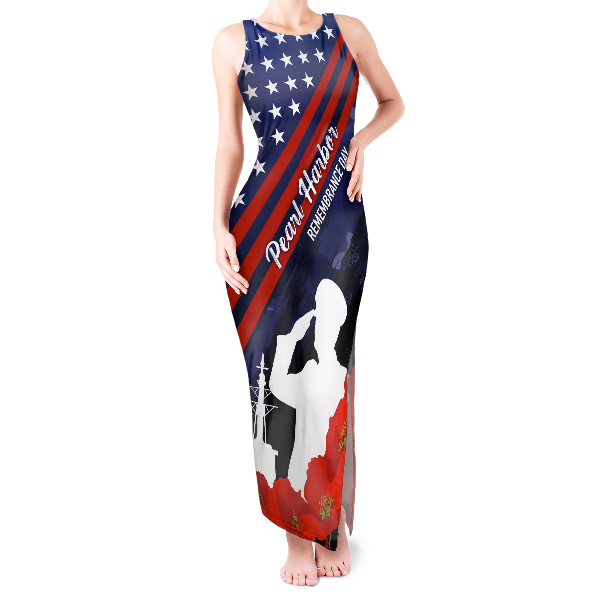 Pearl Harbor Remembrance Day Tank Maxi Dress Poppy Mix Style LT7 Women Navy Blue - Polynesian Pride