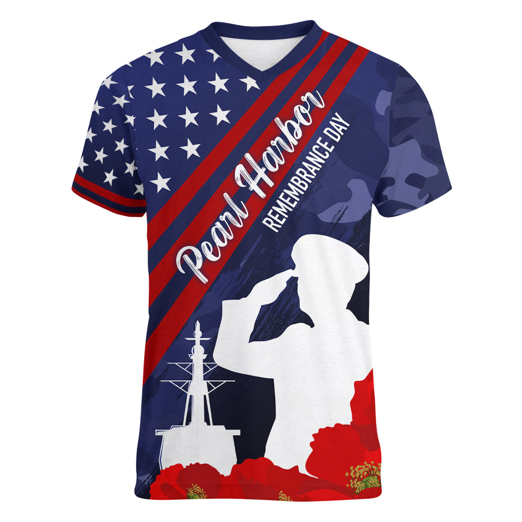 Pearl Harbor Remembrance Day Women V Neck T Shirt Poppy Mix Style LT7 Female Navy Blue - Polynesian Pride