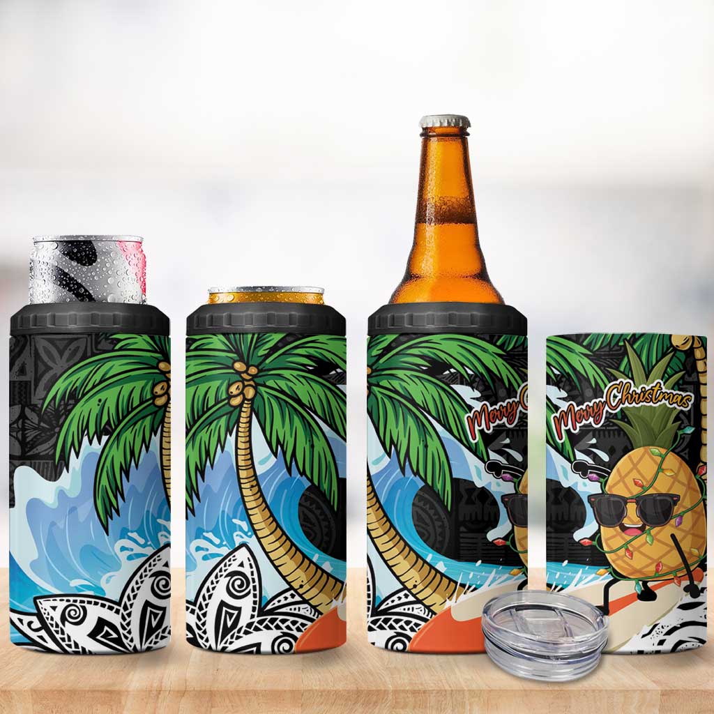 Tropical Christmas Polynesian 4 in 1 Can Cooler Tumbler Funny Surfing Pineapple