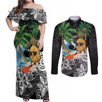 Tropical Christmas Polynesian Couples Matching Off Shoulder Maxi Dress and Long Sleeve Button Shirt Funny Surfing Pineapple LT7 Black - Polynesian Pride