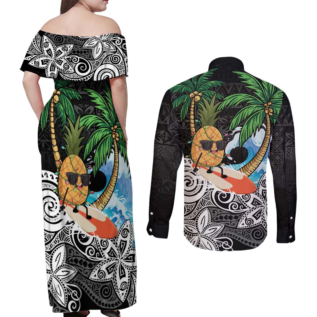 Tropical Christmas Polynesian Couples Matching Off Shoulder Maxi Dress and Long Sleeve Button Shirt Funny Surfing Pineapple LT7 - Polynesian Pride