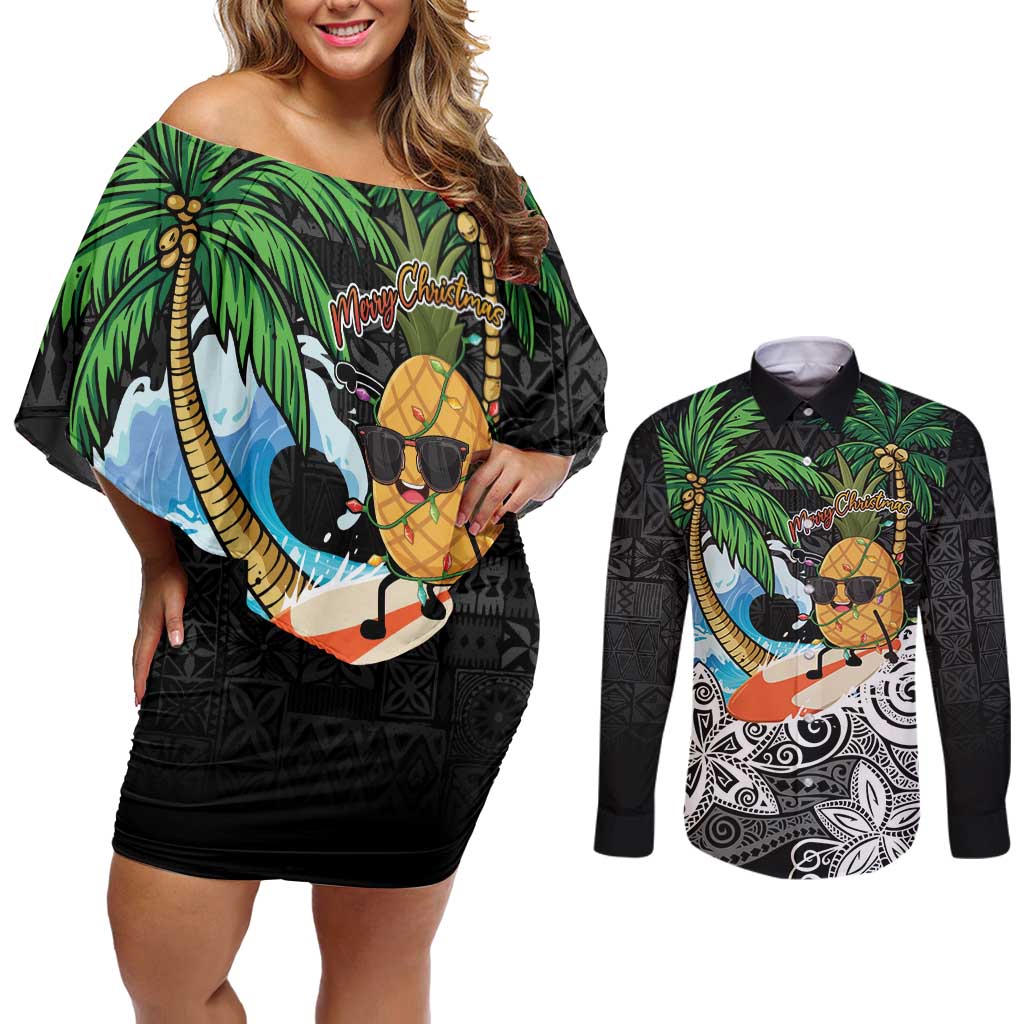 Tropical Christmas Polynesian Couples Matching Off Shoulder Short Dress and Long Sleeve Button Shirt Funny Surfing Pineapple LT7 Black - Polynesian Pride