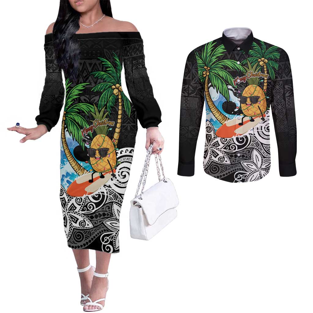 Tropical Christmas Polynesian Couples Matching Off The Shoulder Long Sleeve Dress and Long Sleeve Button Shirt Funny Surfing Pineapple