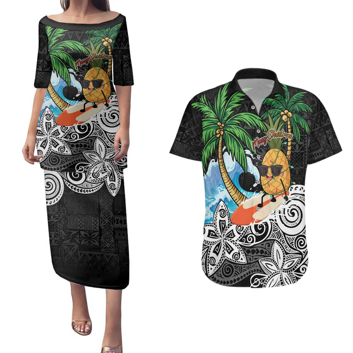 Tropical Christmas Polynesian Couples Matching Puletasi and Hawaiian Shirt Funny Surfing Pineapple LT7 Black - Polynesian Pride