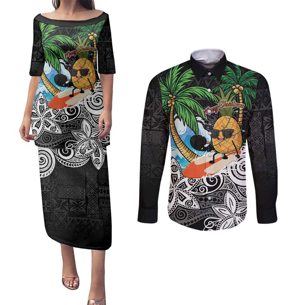 Tropical Christmas Polynesian Couples Matching Puletasi and Long Sleeve Button Shirt Funny Surfing Pineapple LT7 Black - Polynesian Pride