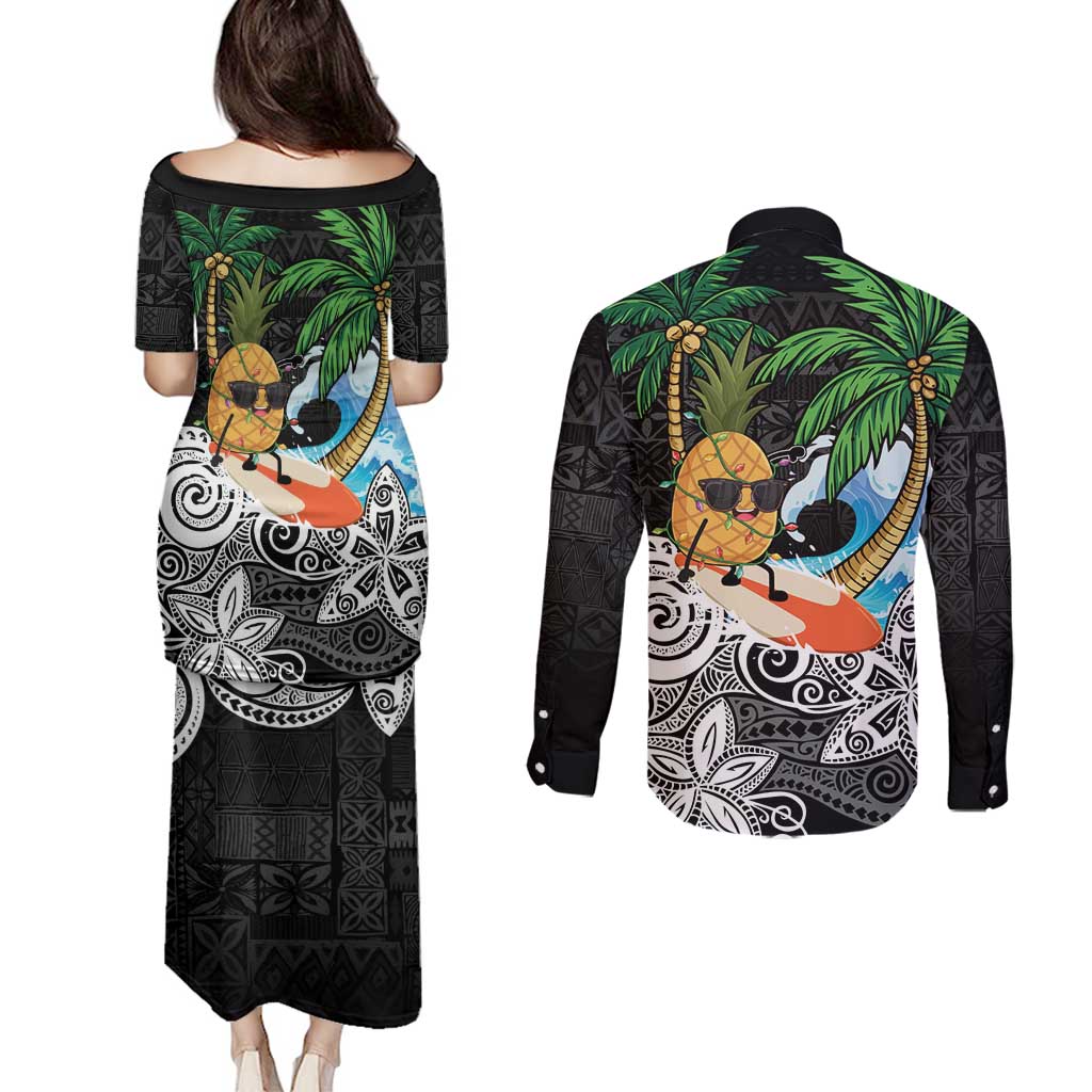 Tropical Christmas Polynesian Couples Matching Puletasi and Long Sleeve Button Shirt Funny Surfing Pineapple LT7 - Polynesian Pride