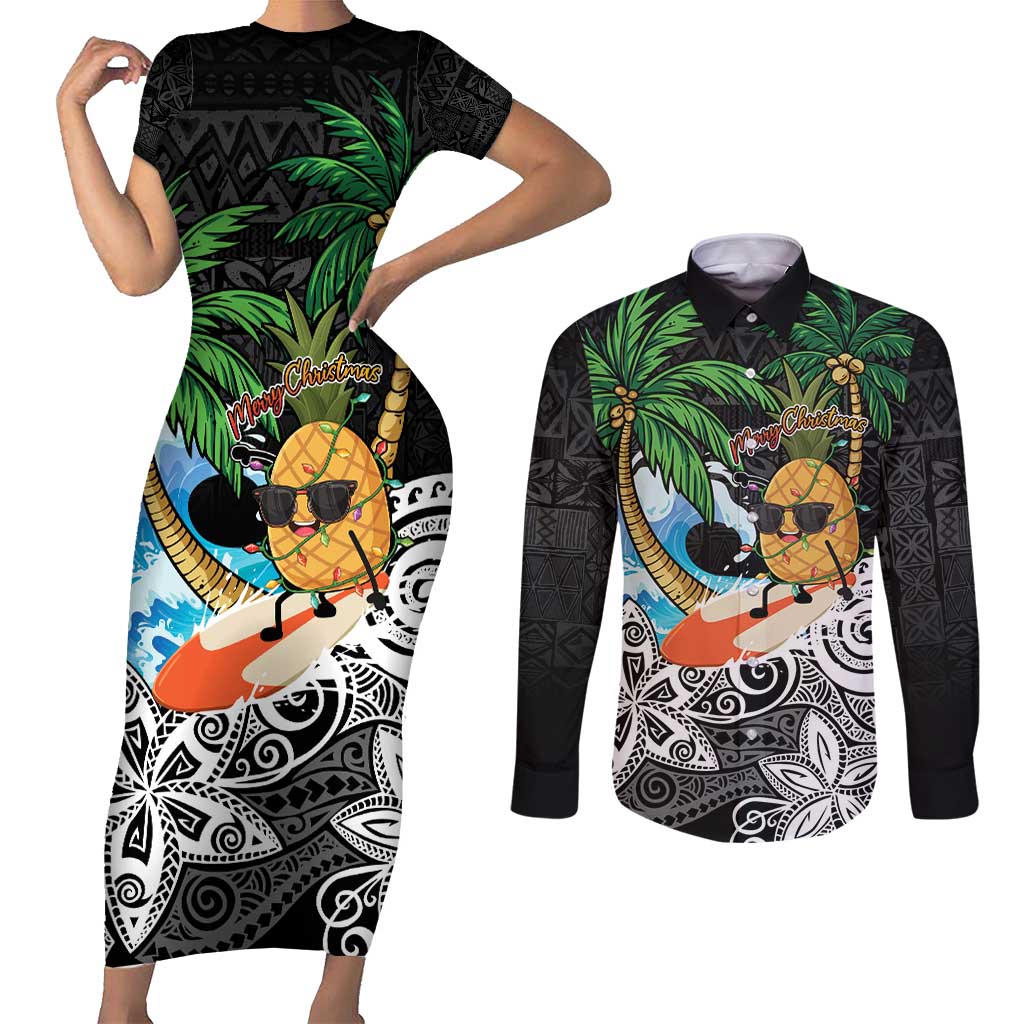 Tropical Christmas Polynesian Couples Matching Short Sleeve Bodycon Dress and Long Sleeve Button Shirt Funny Surfing Pineapple