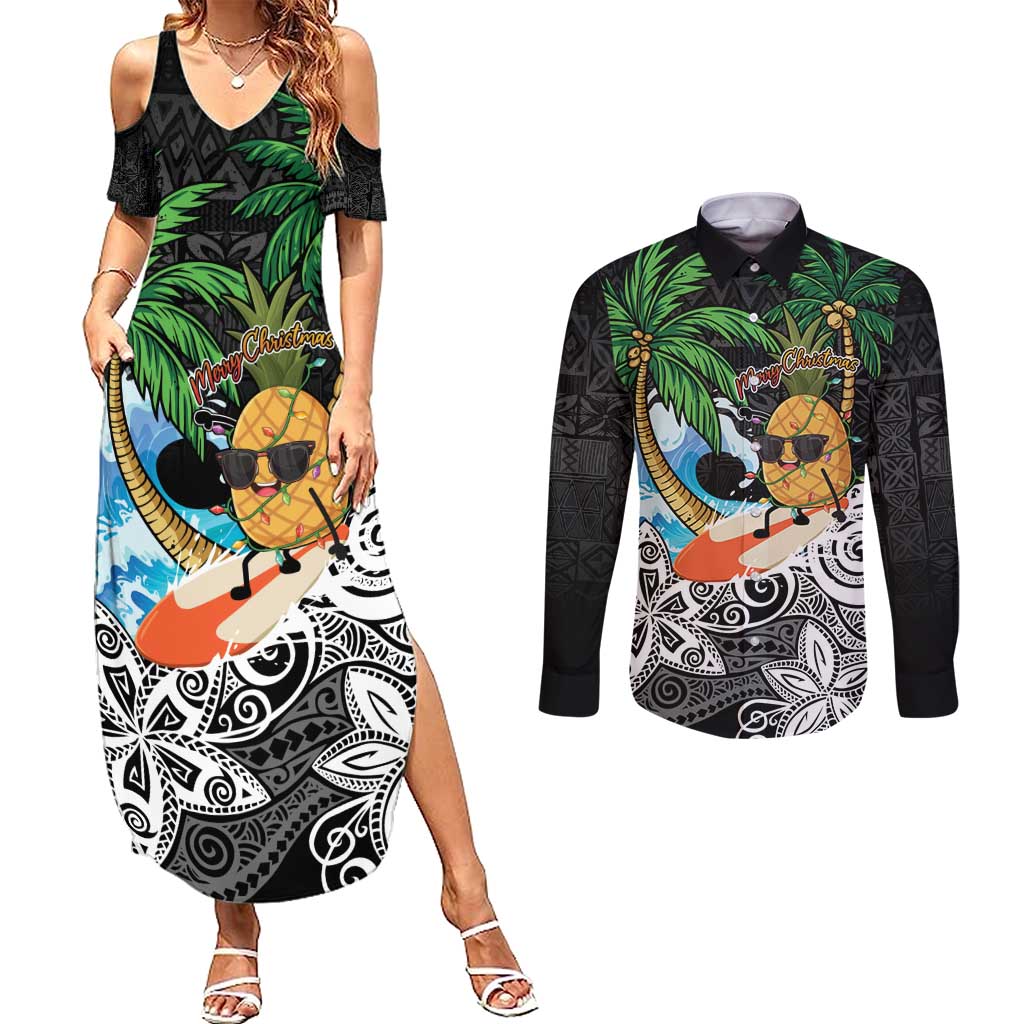 Tropical Christmas Polynesian Couples Matching Summer Maxi Dress and Long Sleeve Button Shirt Funny Surfing Pineapple