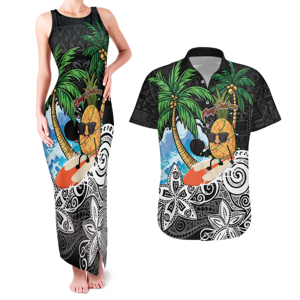 Tropical Christmas Polynesian Couples Matching Tank Maxi Dress and Hawaiian Shirt Funny Surfing Pineapple