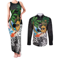 Tropical Christmas Polynesian Couples Matching Tank Maxi Dress and Long Sleeve Button Shirt Funny Surfing Pineapple LT7 Black - Polynesian Pride