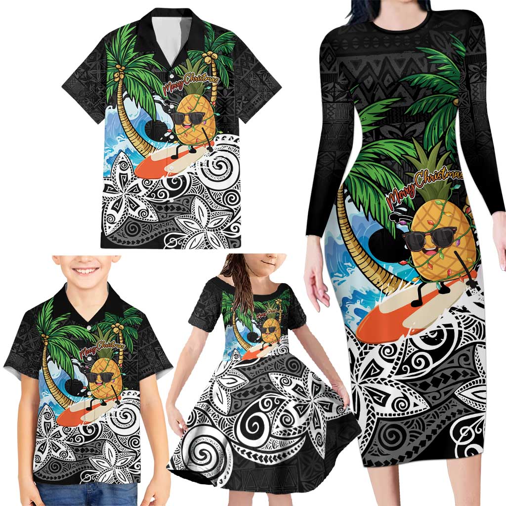 Tropical Christmas Polynesian Family Matching Long Sleeve Bodycon Dress and Hawaiian Shirt Funny Surfing Pineapple