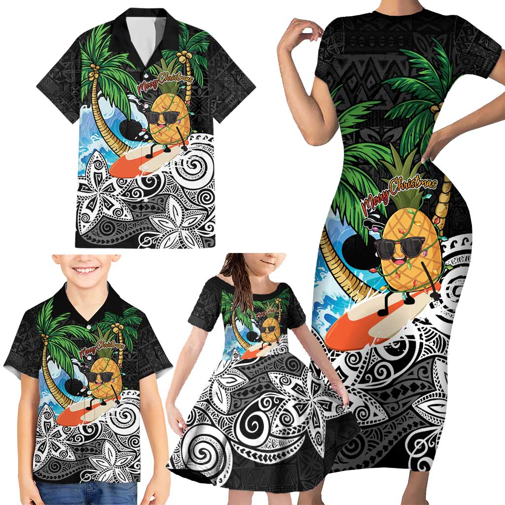 Tropical Christmas Polynesian Family Matching Short Sleeve Bodycon Dress and Hawaiian Shirt Funny Surfing Pineapple