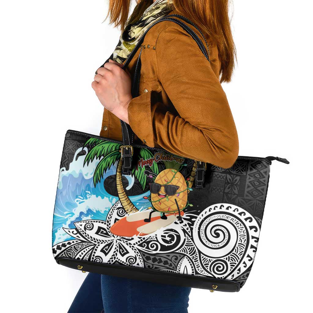 Tropical Christmas Polynesian Leather Tote Bag Funny Surfing Pineapple LT7 Black - Polynesian Pride