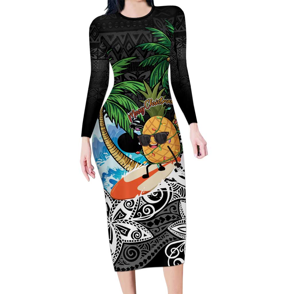 Tropical Christmas Polynesian Long Sleeve Bodycon Dress Funny Surfing Pineapple