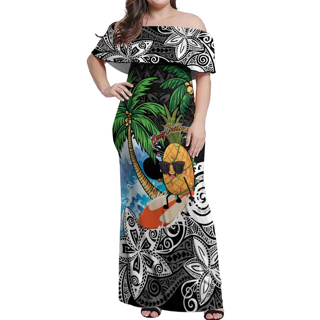 Tropical Christmas Polynesian Off Shoulder Maxi Dress Funny Surfing Pineapple LT7 Women Black - Polynesian Pride