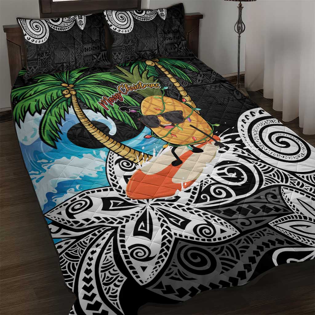 Tropical Christmas Polynesian Quilt Bed Set Funny Surfing Pineapple LT7 Black - Polynesian Pride