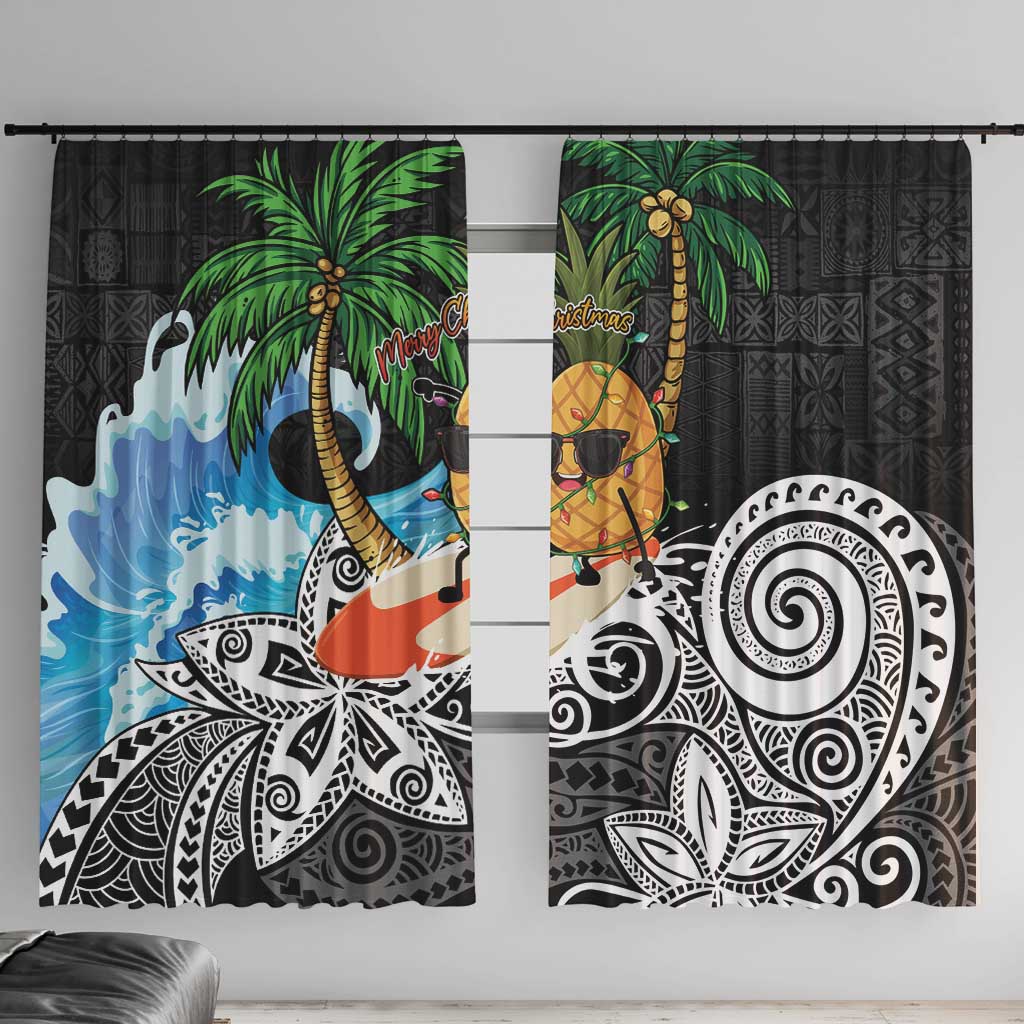 Tropical Christmas Polynesian Window Curtain Funny Surfing Pineapple LT7 With Hooks Black - Polynesian Pride
