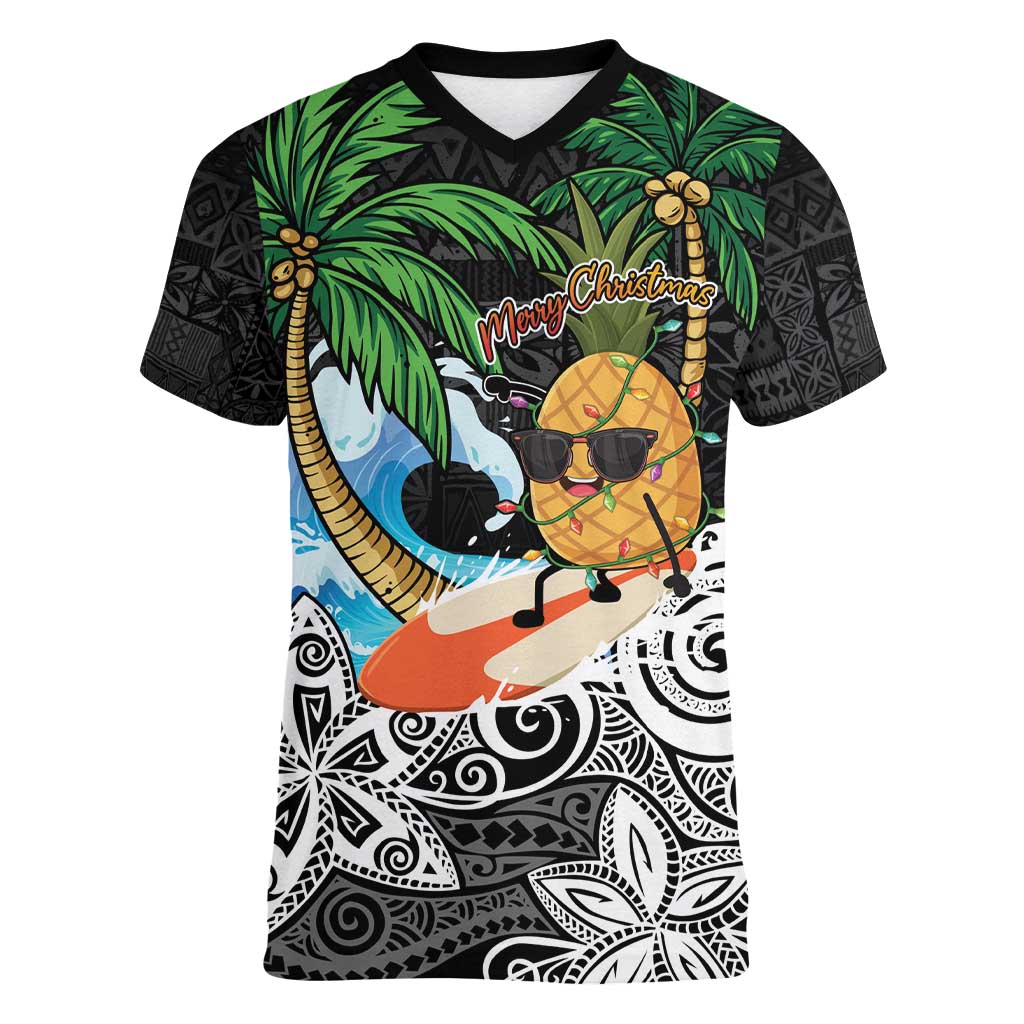 Tropical Christmas Polynesian Women V-Neck T-Shirt Funny Surfing Pineapple LT7 Female Black - Polynesian Pride