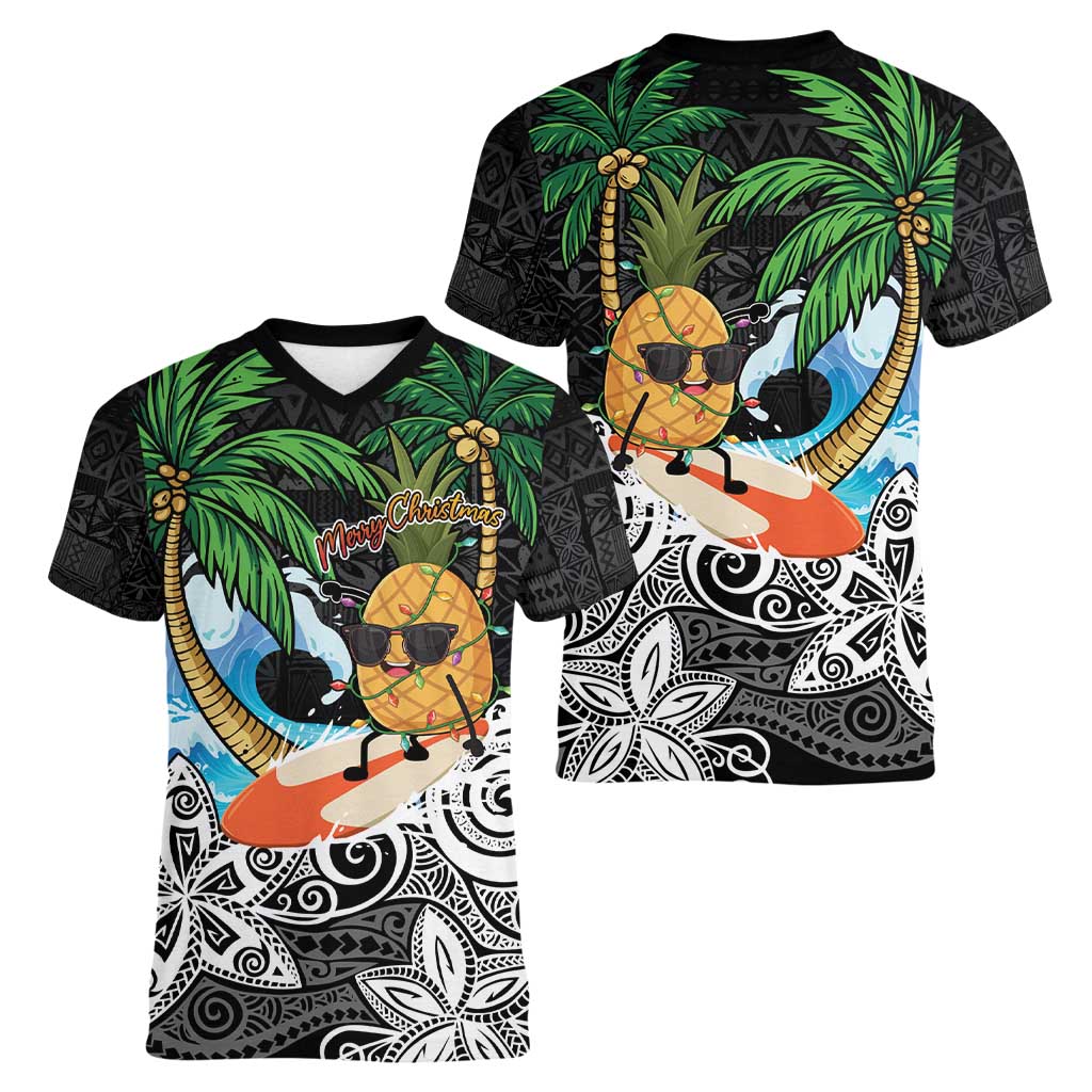 Tropical Christmas Polynesian Women V-Neck T-Shirt Funny Surfing Pineapple LT7 - Polynesian Pride