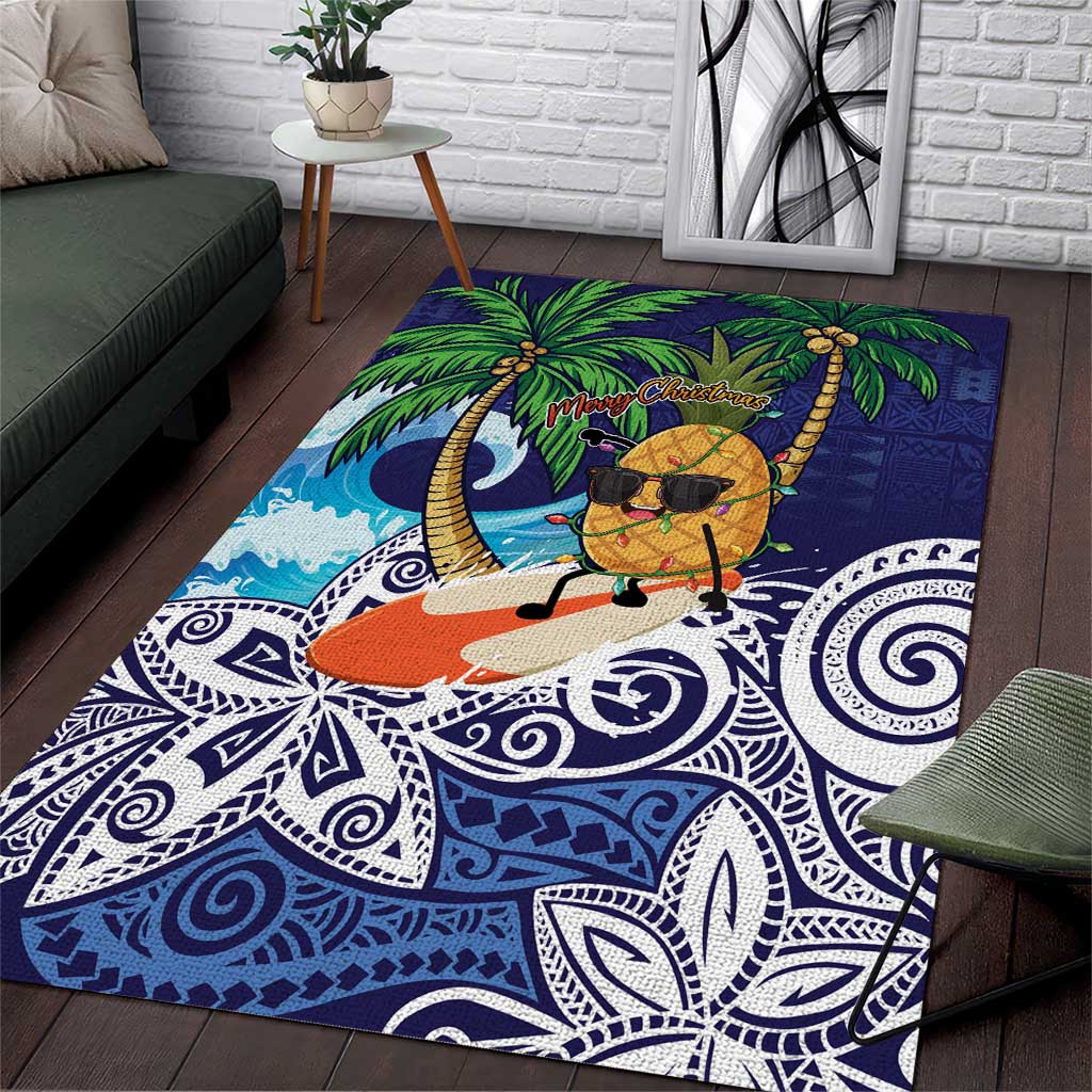 Tropical Christmas Polynesian Area Rug Funny Surfing Pineapple Blue