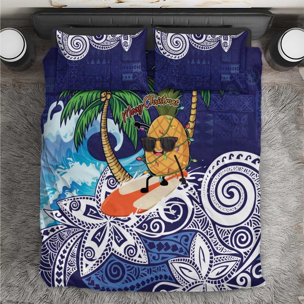 Tropical Christmas Polynesian Bedding Set Funny Surfing Pineapple Blue