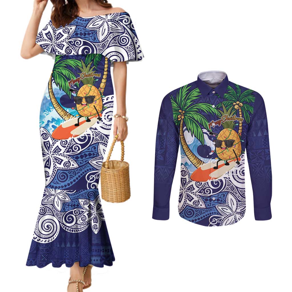 Tropical Christmas Polynesian Couples Matching Mermaid Dress and Long Sleeve Button Shirt Funny Surfing Pineapple Blue