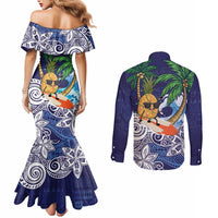Tropical Christmas Polynesian Couples Matching Mermaid Dress and Long Sleeve Button Shirt Funny Surfing Pineapple Blue LT7 - Polynesian Pride
