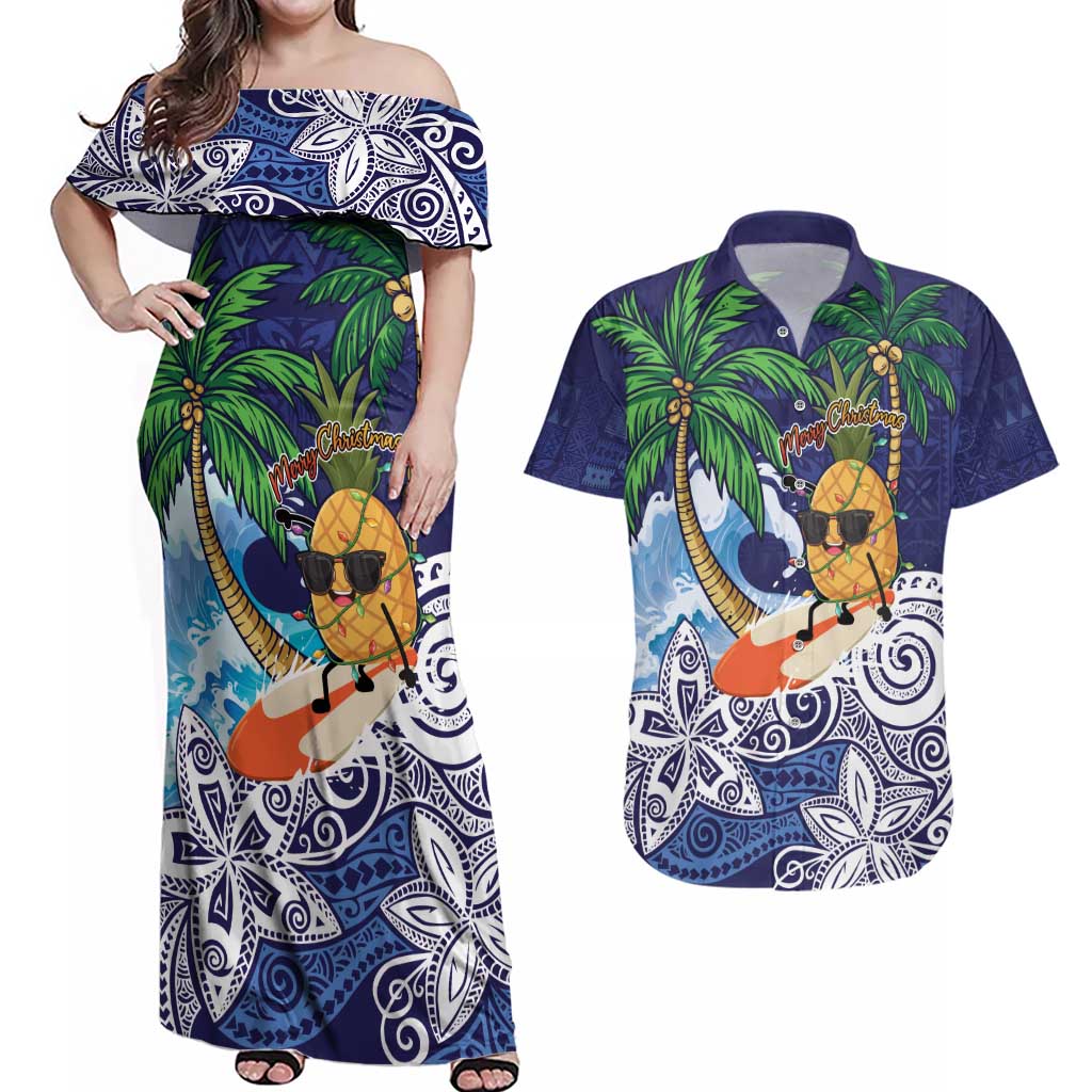 Tropical Christmas Polynesian Couples Matching Off Shoulder Maxi Dress and Hawaiian Shirt Funny Surfing Pineapple Blue