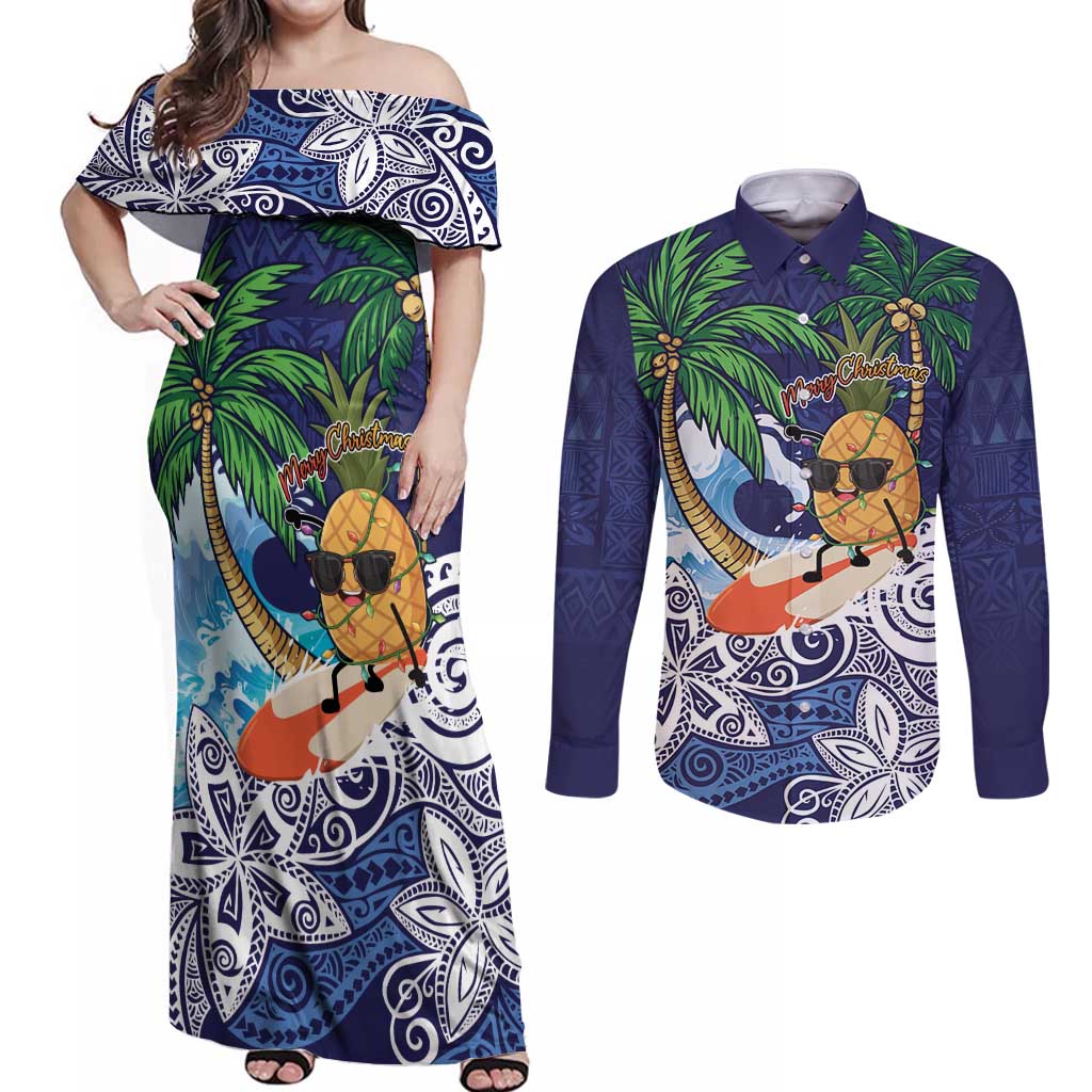 Tropical Christmas Polynesian Couples Matching Off Shoulder Maxi Dress and Long Sleeve Button Shirt Funny Surfing Pineapple Blue LT7 Blue - Polynesian Pride