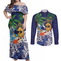 Tropical Christmas Polynesian Couples Matching Off Shoulder Maxi Dress and Long Sleeve Button Shirt Funny Surfing Pineapple Blue LT7 Blue - Polynesian Pride